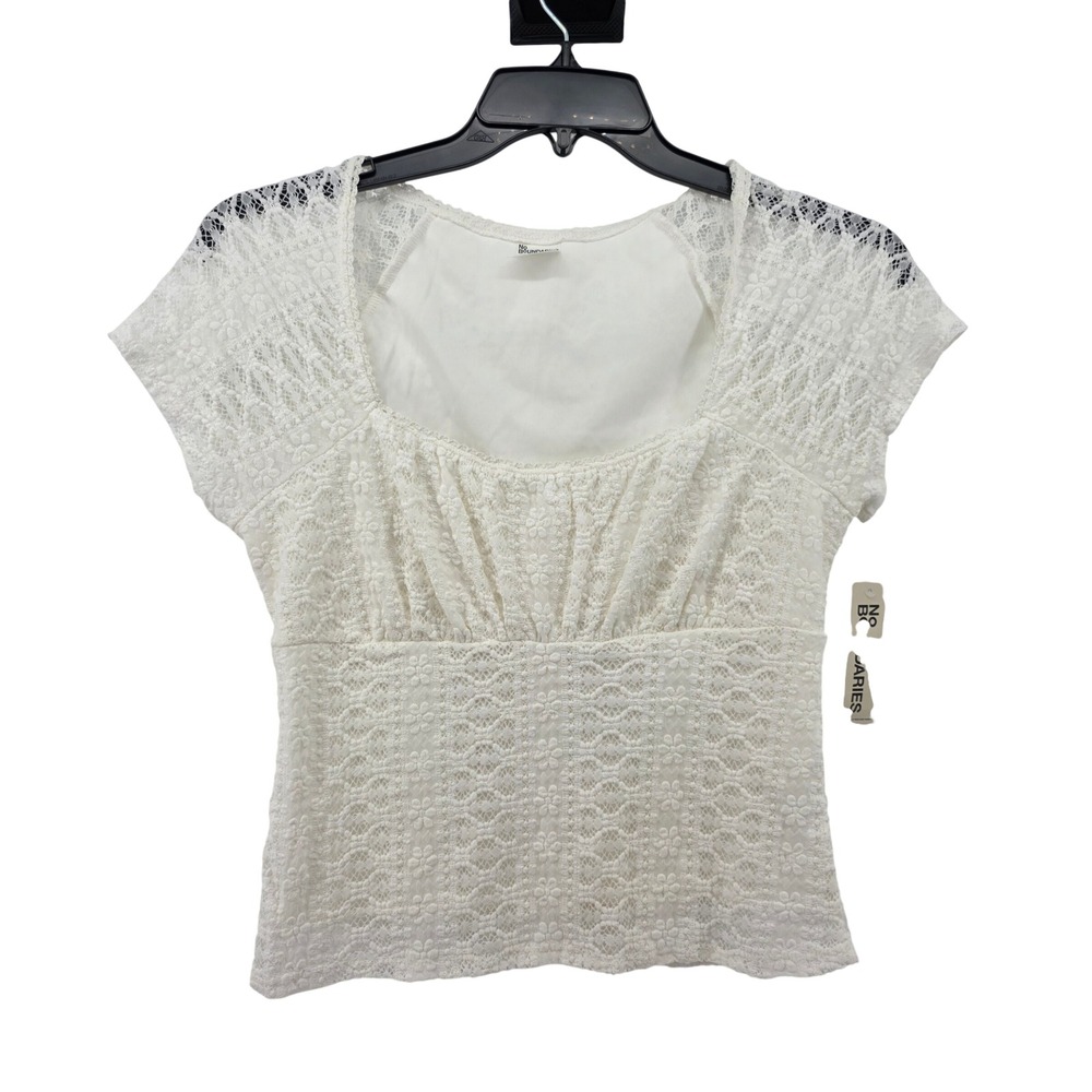 No Boundaries White Floral Lace Ruched Bust Square Neck Top Large 12-14 NWT